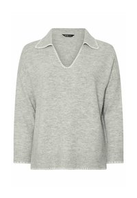 Jasnoszary sweter dziany z szerokim dekoltem w serek, otwartym kołnierzem, długimi rękawami oraz prążkowanym dołem i mankietami.
