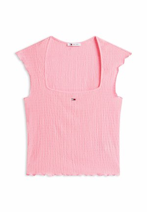 Top corto rosa a maniche corte con textura, scollo quadrato e piccolo logo Tommy Jeans centrato sotto lo scollo.