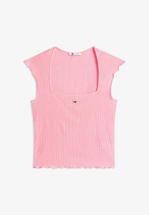 Top corto rosa con textura, mangas cortas, escote cuadrado y pequeño logo de Tommy Jeans centrado debajo del escote.