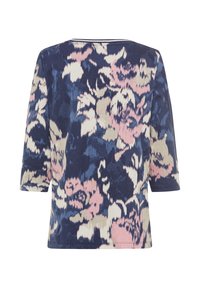 Blusendesign mit Blumenmuster auf dunkelblauem Hintergrund, mit rosa und cremefarbenen Blumen, ¾-Ärmeln und Rundhalsausschnitt. Weicher Stoff.