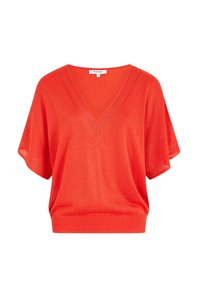 Rode V-hals trui met korte mouwen, met een relaxte pasvorm en een gestructureerd brei-detail op de halslijn en mouwen.