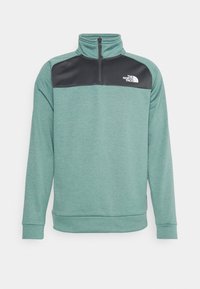 Pullover verde a maniche lunghe con pannello frontale nero, zip a quarti, colletto alto e logo bianco di The North Face sul lato sinistro del petto.