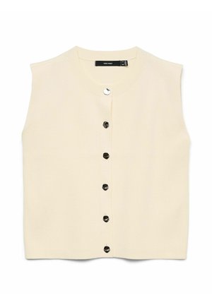 Cardigan en tricot sans manches beige clair avec un col rond et six boutons noirs sur le devant, présentant une texture côtelée.