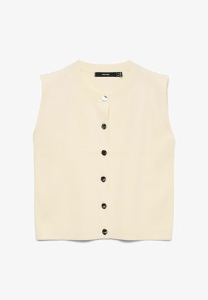 Cardigan en tricot sans manches beige clair avec un col rond et six boutons noirs sur le devant, présentant une texture côtelée.