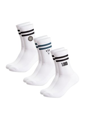 Three pairs of white crew socks with black or blue stripes, featuring dartboard, dart flights, and "180" text designs on the sides.