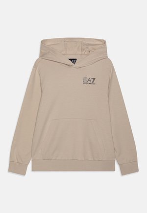 Beige hættetrøje med lange ærmer, forreste kængurulomme og EA7 Emporio Armani-logo på venstre bryst.