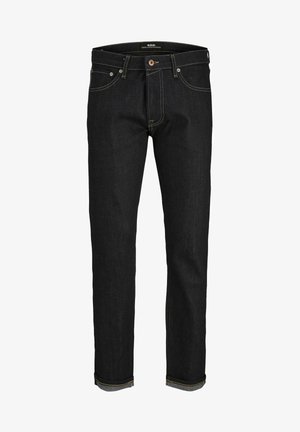 Dark blue denim jeans with a straight fit, featuring a button fly, yellow stitching, and five-pocket design. Cotton material, cuffed hems.