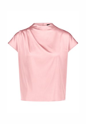 Blouse courte en satin rose poudré à manches courtes, col haut et détail drapé sur le devant, fermeture éclair au dos, coupe ample.