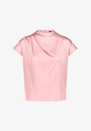 Zachtroze satijnen blouse met korte mouwen, hoge halslijn en geplooide voorkant, ritssluiting aan de achterkant, losvallende pasvorm.