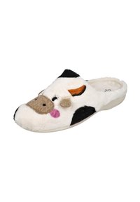 Zapatilla de felpa blanca con manchas negras, que presenta un diseño de cara de vaca con nariz marrón, orejas naranjas y mejillas rosas. Textura suave, estilo de calzado sin cierre.