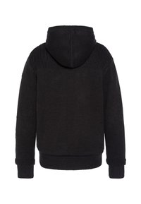 Czarna dzianinowa bluza z kapturem z fakturowanym karczkiem, ściągaczami na mankietach i dole oraz przestronnym kapturem. Bezszwowy design bez widocznych elementów metalowych.