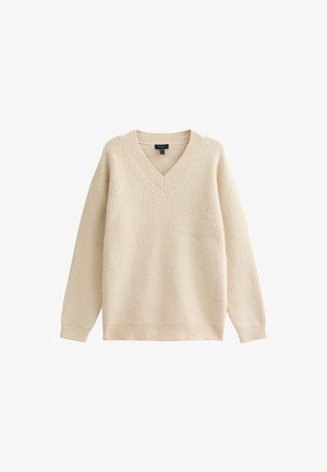 Beige gebreide trui met een V-hals, lange mouwen en geribbelde structuur. Eenvoudig ontwerp zonder zichtbare patronen of accenten.