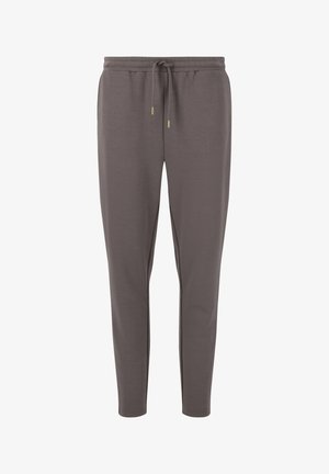 Grijze longsleeve top met een relaxte pasvorm en elastische manchetten. De fitted broek heeft een zijzak en een subtiele glans, gemaakt van zachte stof.