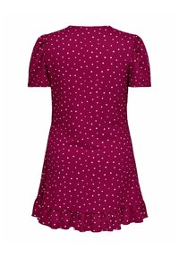 Ljubičasta haljina s kratkim napućenim rukavima, raširenim rubom s volanima i bijelim točkicama na teksturiranom materijalu. Prikazan stražnji pogled.