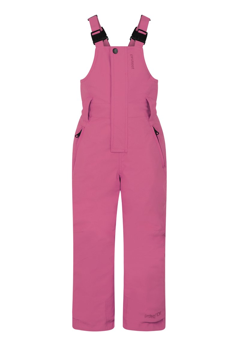 Rosa skidoverall med justerbara hängslen, framfickor och rak bensdesign. Tillverkad av ett hållbart, vattenavvisande material.