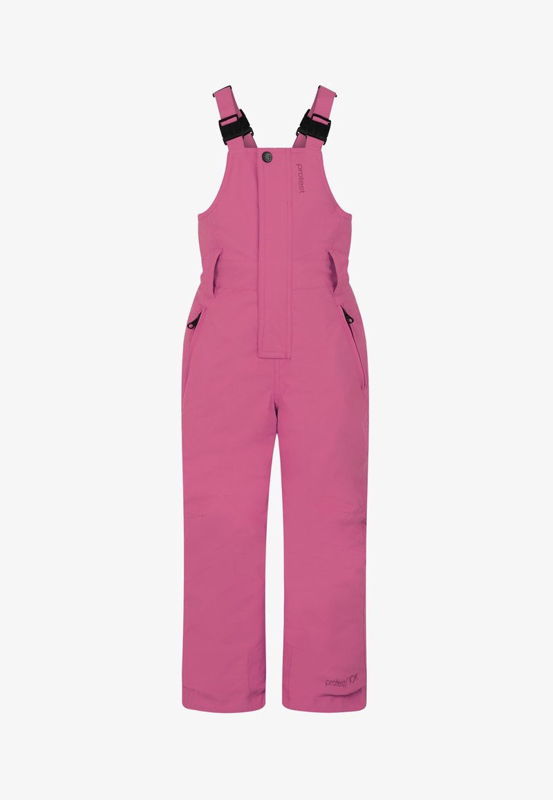 Pantalones de esquí rosas con tirantes ajustables, bolsillos frontales y diseño de pierna recta. Fabricados con material durable y resistente al agua.