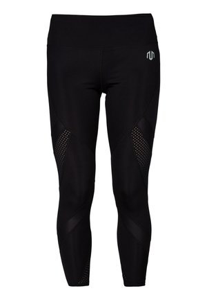 Juodos sportinės legging kelnės su aukštu liemeniu, šonuose su tinklo pjūviais ir sklandžiu paviršiumi. Ant šlaunies spausdintas pilkas logotipas.