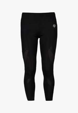 Black athletic leggings with a high waistband, featuring mesh cutouts on the sides and a smooth texture. Logo printed in gray on the thigh.
