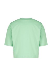 Mintgroene korte mouw cropped t-shirt van zachte katoen. Heeft een ronde halslijn en minimale stikdetails. Geen zichtbare branding.