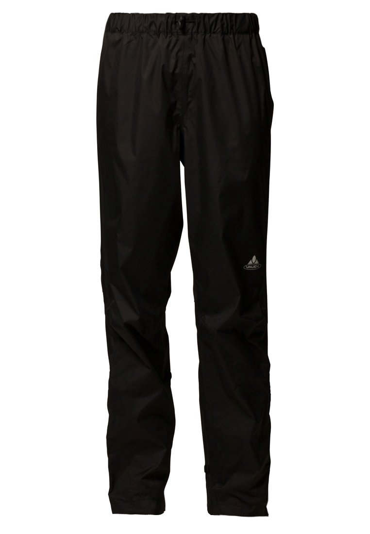 Pantalon d'extérieur imperméable noir avec taille élastique et logo Vaude sur la cuisse gauche.