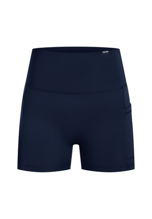 Navyblauwe sportshorts met een gladde textuur, hoge tailleband en zijzakken. Ontworpen voor comfort en bewegingsvrijheid.