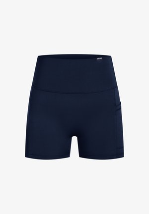 Marineblå sportsshorts med en glat tekstur, høj talje og sidelommer. Designet til komfort og bevægelse.