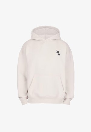 Off-white Kapuzenpullover mit vorderer Kängurutasche und kleinem schwarz stilisiertem "DS" Logo auf der linken Brust.