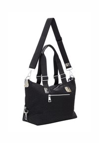 Zwarte textured tas met dubbele handvatten en een verstelbare schouderriem. Voorzien van zilverkleurige accenten en een ritsvak aan de voorkant met slangenprint details.