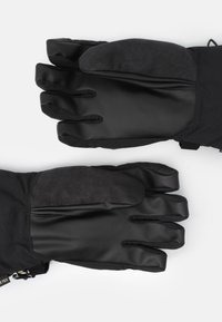 Sorte handsker med læder ydre og ruskindsdetaljer på håndfladen, designet med artikulerede fingre for fleksibilitet.