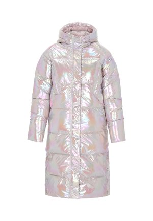 Doudoune iridescente avec capuche, présentant une finition brillante, un design matelassé, des manches longues et des accents à boutons-pression.