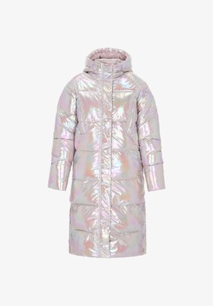 Iridescent pufferjakke med hætte, der har en blank finish, kviltet design, lange ærmer og trykknapdetaljer.