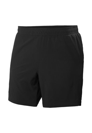 Černé krátké kalhoty s elastickým pasem, postranními kapsami, délkou do poloviny stehen a hladkým, lehkým materiálem vhodné pro běžné i sportovní nošení.