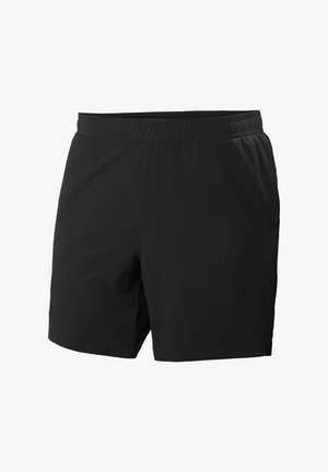 Černé krátké kalhoty s elastickým pasem, postranními kapsami, délkou do poloviny stehen a hladkým, lehkým materiálem vhodné pro běžné i sportovní nošení.