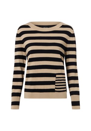 Pull beige et noir à rayures avec un col rond et des manches longues. Dispose d'une poche avec un motif de rayures plus fines. Matière en tricot douce.