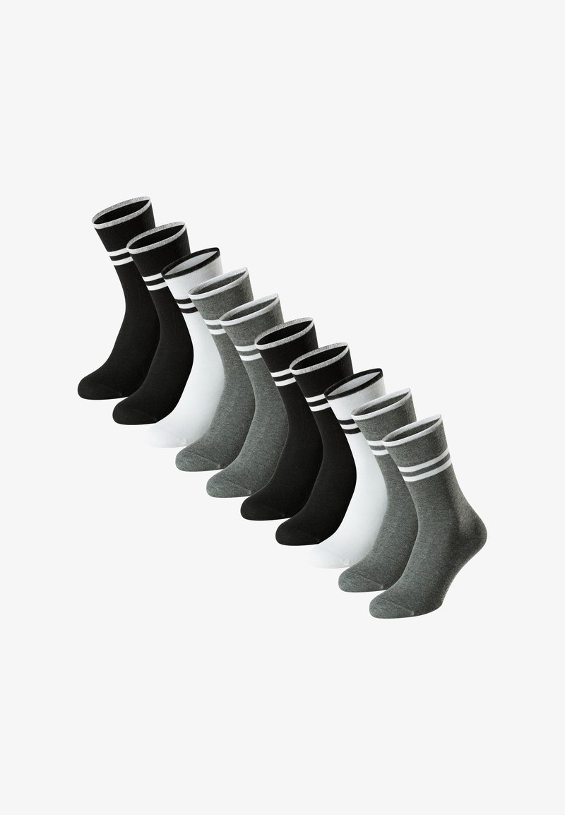 Set di 10 calzini in nero, bianco e grigio. Caratterizzati da una fascia a coste con due strisce in contrasto. Realizzati in un tessuto morbido e elastico.