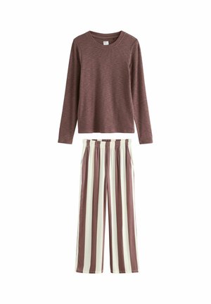 Långärmad topp i strukturerad mauve-tyg, tillsammans med vida byxor med växelvis mauve- och krämfärgade vertikala ränder. Elastisk midja.