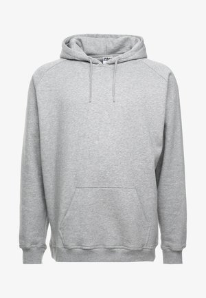 Sivá mikina s kapucňou vyrobená z mäkkého česaného fleecu. Má priestrannú prednú kapsu, nastaviteľnú šnúrku na kapucni a rebrované manžety a spodný lem.