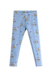 Blå leggings med ett upprepande mönster av bruna hjortar, blommor och svampar. Tillverkade av ett mjukt, stretchy material med en figurnära design.