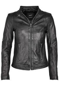 Veste en cuir noire avec fermeture éclair devant, poches latérales zippées et col à bouton-pression sur un fond blanc uni.