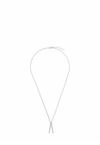 Collana in argento con due barre allungate e parallele appese a una delicate catena, dotata di chiusura a moschettone e lunghezza regolabile.