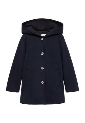 Granatowy płaszcz z kapturem z czterema guzikami z przodu i dwoma pionowymi kieszeniami po bokach, zaprojektowany z myślą o ciepłe i codziennym użytkowaniu.