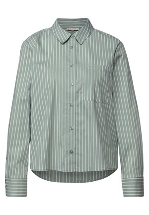 Chemise rayée vert clair en tissu lisse, avec une fermeture à boutons sur le devant, un col pointu et une poche poitrine unique. Manches longues.