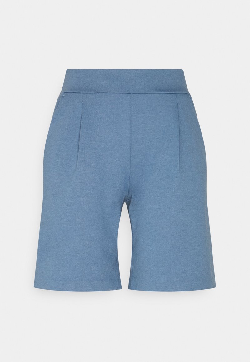 Light blue tailored shorts with a smooth texture, featuring two front pleats and a wide waistband. Mid-thigh length with no visible fastenings.