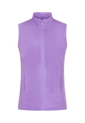 Paarse fleece vest met een hoge kraag en een rits aan de voorkant. Beschikt over een gladde textuur en heeft geen mouwen voor gemakkelijke layering.