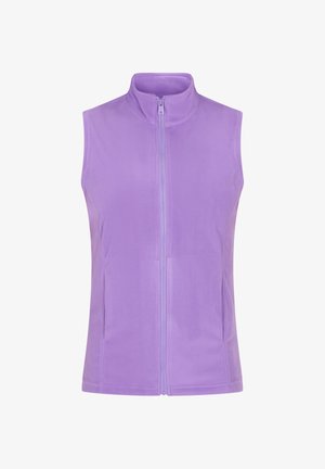 Lila Fleece-Weste mit hohem Kragen und einem Vorderreißverschluss. Verfügt über eine glatte Textur und keine Ärmel für müheloses Schichten.