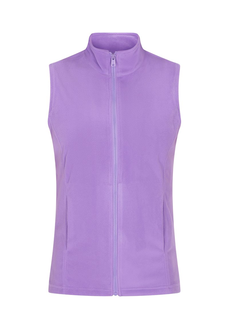 Gilet in fleece viola con colletto alto e zip frontale. Presenta una superficie liscia e senza maniche per facilitare i sovrapposizioni.