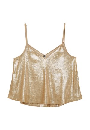 Goldfarbene Pailletten-Camisole mit dünnen Trägern, V-Ausschnitt und einem lockeren, fließenden Schnitt. Der Stoff weist eine glänzende, strukturierte Oberfläche auf.