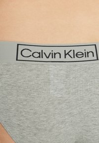 Siva bombažna spodnja perila z širokim elastičnim pasom, na katerem je črn napis "Calvin Klein". Gladka tekstura z preprostim, klasičnim oblikovanjem.