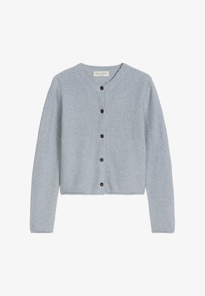 Lichtblauw vest van gestructureerde stof, met een ronde hals, lange mouwen en zes zwarte knopen aan de voorkant.