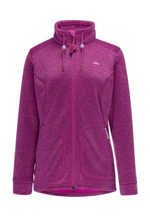 Lila Fleecejacke mit durchgehendem Reißverschluss, hohem Kragen und Kordeln, langen Ärmeln, Seitentaschen und einem dezenten Logo auf der Brust.